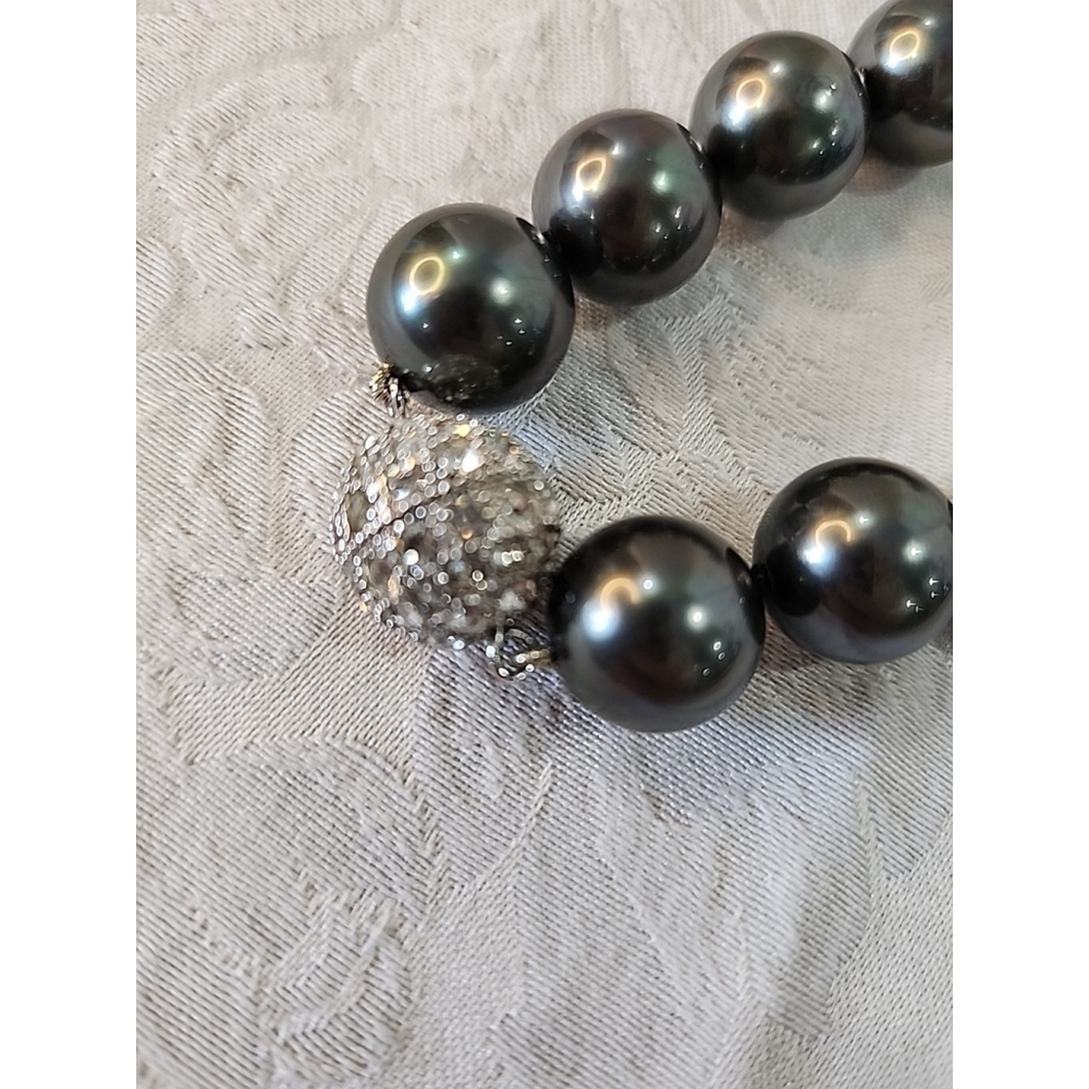Tahitian Pearl Necklace Pave Crystal Bead 24 Inch - Picture 3 of 6